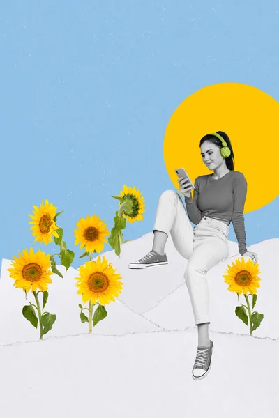 Creatief Kunstwerk Collage Jonge Vrouw Zitten Tussen Zonnebloemen Denkbeeldig Landschap — Stockfoto