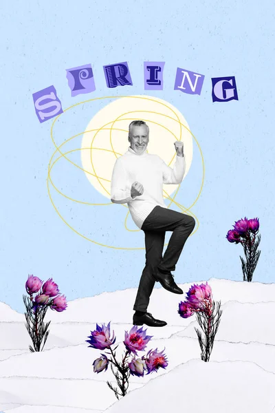 Äntligen Våren Kommer Konceptuell Konst Collage Man Glädjande Vintern Över — Stockfoto