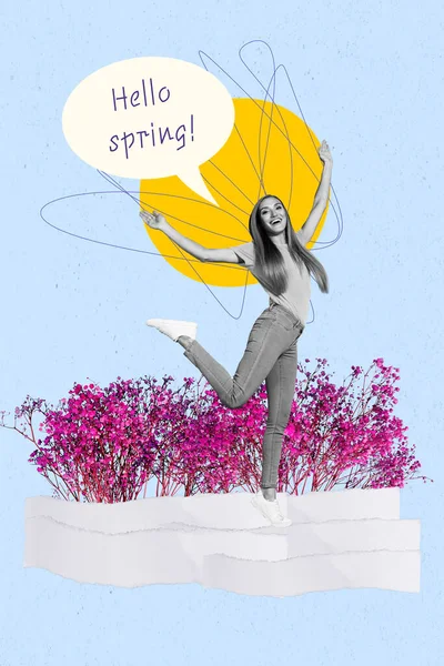 Witam Wiosna Konceptualny Kolaż Overjoyed Dziewczyna Skok Bieg Spacer Stanąć — Zdjęcie stockowe