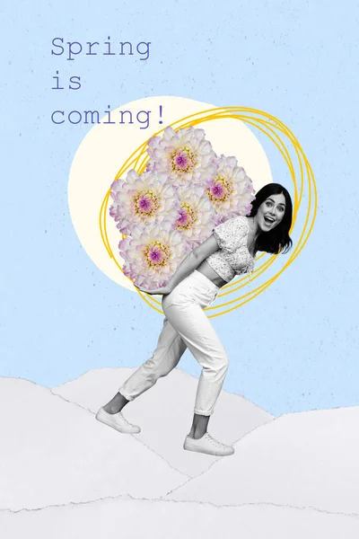 有趣而震惊的女士背着鲜花回到新鲜的概念快递员送来的艺术品图片拼贴春天要来了 — 图库照片