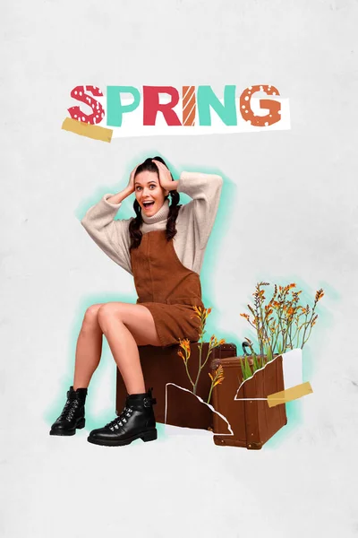 Überglückliche Weibliche Sitzen Auf Retro Valise Aufgeregt Über Frühling Einzelhandel — Stockfoto