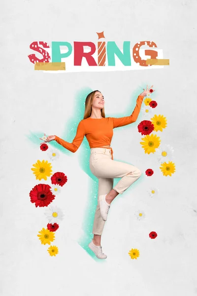 春意盎然少女在花朵间翩翩起舞庆祝国际妇女节的概念拼贴 — 图库照片