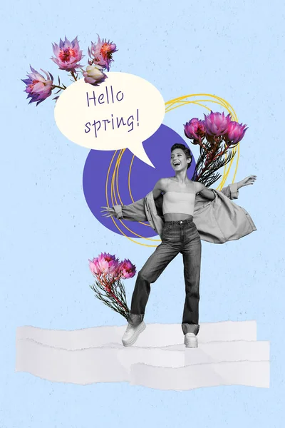 カラフルなフォトコラージュポストカードスタイル素晴らしい女の子幸せな挨拶春の始まりは服を脱いで暖かい日青い空の背景を楽しむ — ストック写真