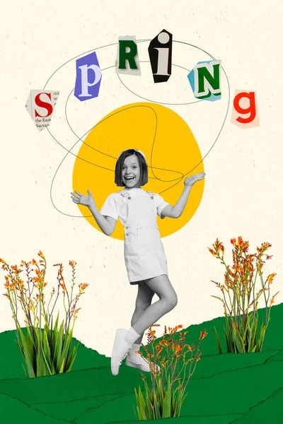 Conceptual Abstrakcyjny Pop Collage Uroczy Dziewczynka Stoi Zielony Wspaniały Park — Zdjęcie stockowe