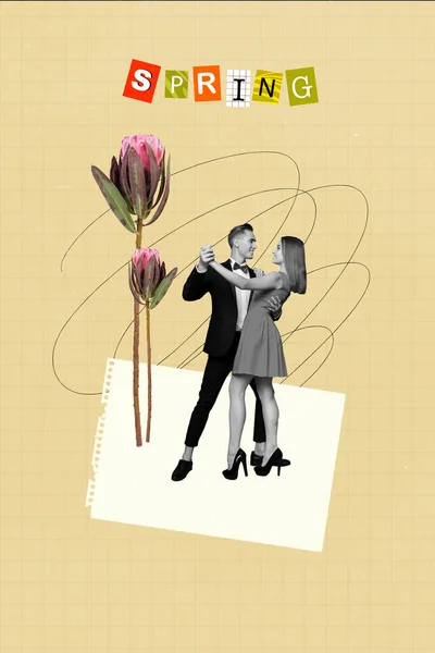 Kreatywny Grafika Pocztówka Kolaż Olśniewający Miłość Para Pani Facet Świętować — Zdjęcie stockowe