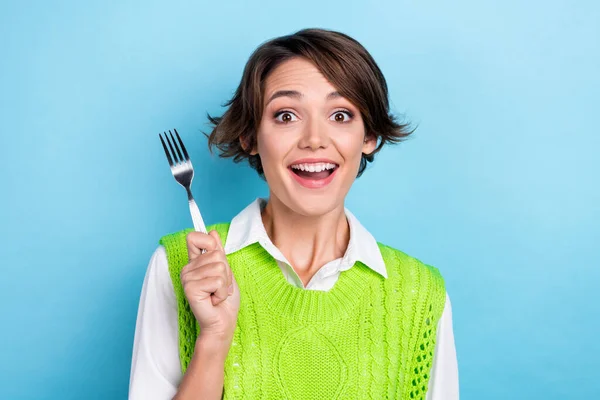 Portrait Cheerful Positive Lady Beaming Smile Hand Hold Fork Isolated — Stok Foto