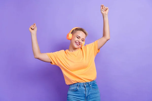 Portrait Cute Adorable Woman Blond Hairstyle Wear Orange Shirt Hold — Stock Photo, Image