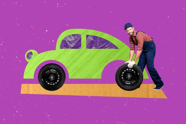 照片拼贴艺术极小的图片滑稽的家伙改变汽车车轮隔离绘图背景 — 图库照片