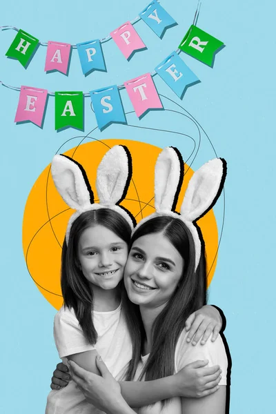 Collage artwork graphics picture of funky charming sisters embracing celebrating easter isolated painting background.