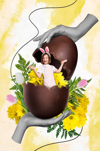 Creative Retro Magazine Collage Image Funky Small Kid Hiding Easter — Stock Photo, Image