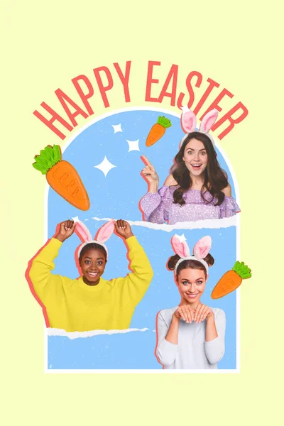 Three Cute Diversity Girls Advertising Easter Costumes Shop Store Preparing — Stock Photo, Image
