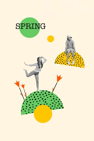 Magazine Template Collage Two People Have Fun Together Warm Spring — Stock Photo, Image