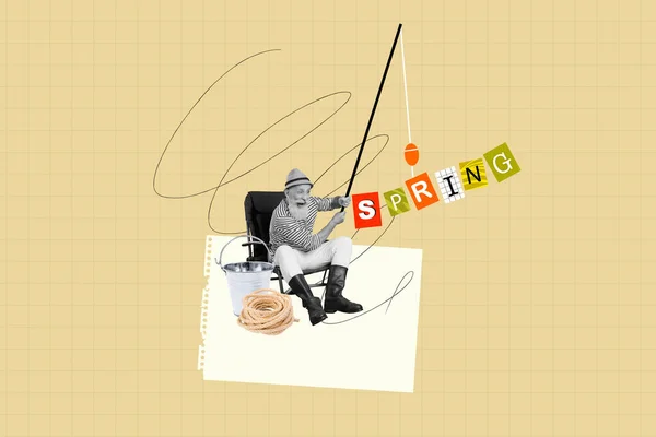 创意杂志海报图片拼贴滑稽疯狂的养恤金领取者男人钓鱼用旋转捕捉春天购物广告 — 图库照片