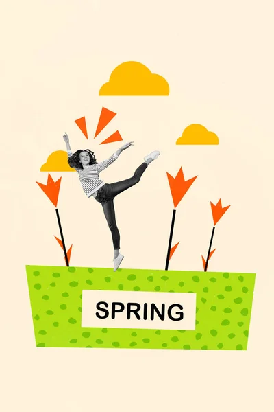 Plantilla Postal Creativa Collage Gimnasta Chica Ensueño Disfrutar Paseo Primavera —  Fotos de Stock