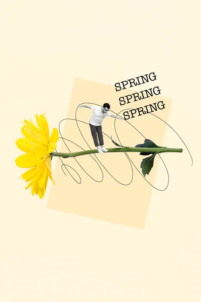 利用绿茎黄菊花春节假期概念平衡小家伙的创意明信片拼贴 — 图库照片