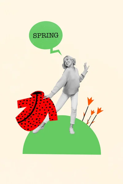 可爱的女士创作的艺术品模板有散步的土地风景草坪推迟了温暖的服装享受着阳光灿烂的春天天气 — 图库照片
