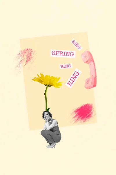 Kreative Banner Poster Collage Von Kleinen Dame Mit Gelben Gänseblümchen — Stockfoto