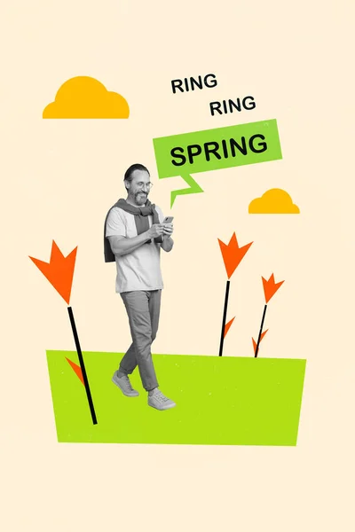 現代人の創造的な絵のコラージュは スマートガジェットを使用春の晴れた日についてのメディア通知を読む — ストック写真