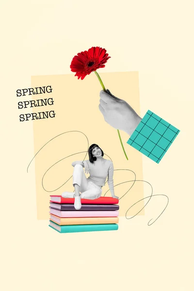 Kreatywne Grafika Magazyn Kolaż Szczęśliwy Lady Siedzi Książka Marzenie Ręka — Zdjęcie stockowe