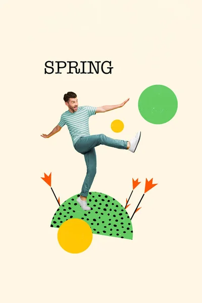 在阳光灿烂的春日 在乡村郁金香草坪上漫步的快乐小伙子创作的立体派艺术品模版 — 图库照片