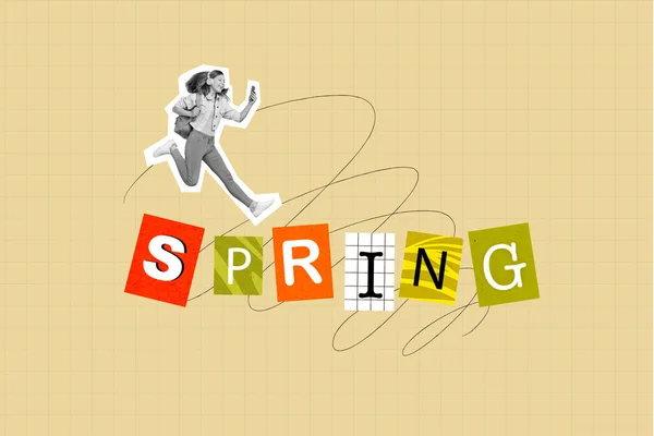アートワークコラージュ画像で大きな春の言葉で小さな生徒の女の子のシルエットは スマートフォンを閲覧上にジャンプします — ストック写真