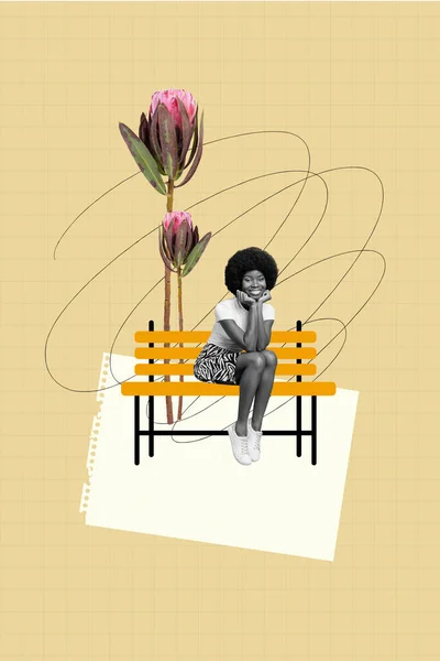 エキゾチックなヤシの木の花の近くに描かれたベンチに座っている女の子の創造的な画像のコラージュは 自然の風景の美しさを楽しむ — ストック写真