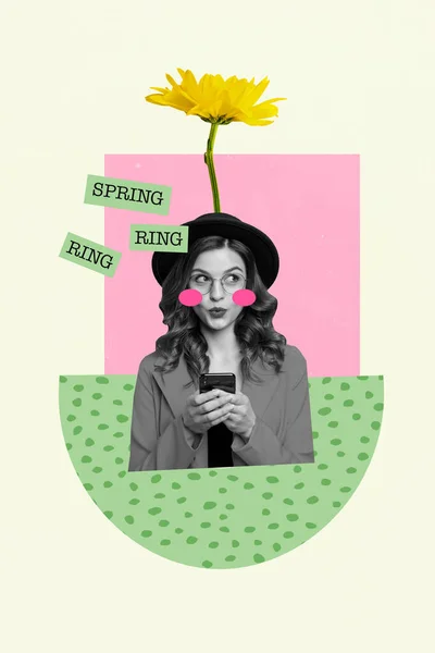 Artwork Foto Collage Bild Von Junger Frau Mit Kopfblume Chat — Stockfoto