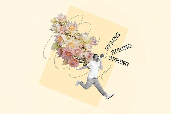 Spring Spring Spring Collage Zdjęcie Młodego Faceta Biegacza Krzyczy Głośnik — Zdjęcie stockowe