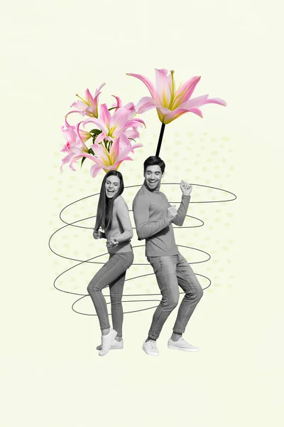 Two People Dancing Funky Huge Lily Flowers Heads Surrounded Creative — Stock Photo, Image