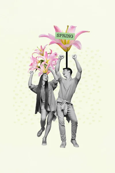 珍しいトレンディーなコラージュ写真とともに2ファンキーなヒップスターカップルハングアウトディスコパーティー持っています大きな花で頭隔離された絵画の背景 — ストック写真