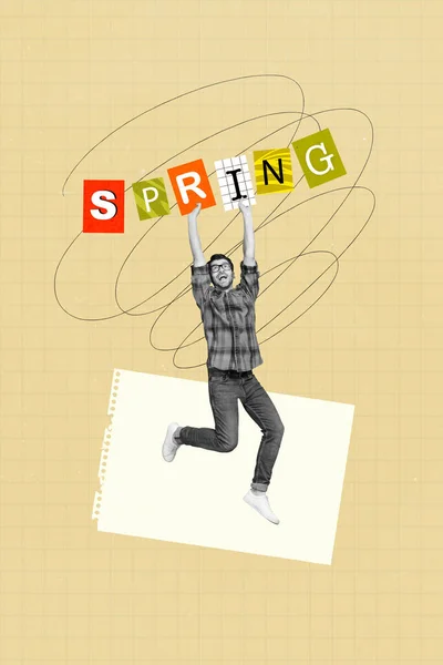 Trendige Moderne Werbung Stil Collage Großen Frühling Wort Junge Minimale — Stockfoto