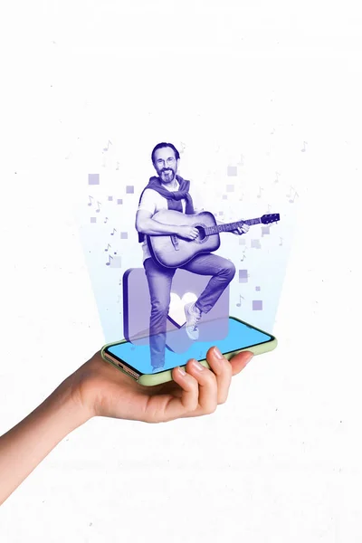 Photo hologram collage of mature age man recording video blog coach exercise how learn to play guitar smartphone display isolated on white background.