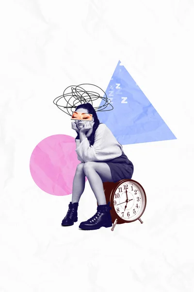 Collage Illustration Graphique Image Dame Fatiguée Dormir Assis Horloge Rétro — Photo