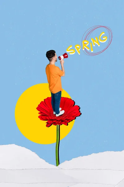 Winzige Größe Mann Stehen Auf Riesigen Roten Gerbera Blume Und — Stockfoto