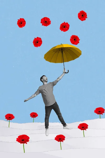 Photo Collage Funny Cheerful Guy Hold Parasol Enjoy Big Red — Stock Photo, Image