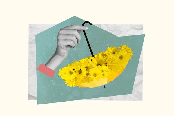 手握黄花伞的艺术品杂志拼贴图片孤立的图画背景 — 图库照片