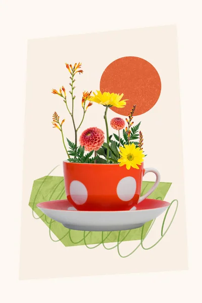 コーヒーカップの中で成長する花の排他的な雑誌の画像スケッチのコラージュイメージ孤立した絵画の背景 — ストック写真