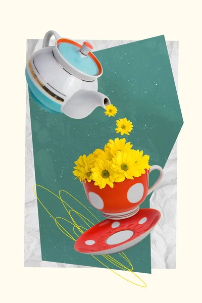 Изображение Коллажа Минимальная Картинка Чайного Набора Заливающего Цветы Изолированный Рисунок — стоковое фото