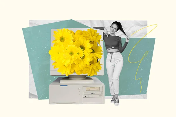 魅力的な女性のヴィンテージデバイスの花の創造的な3D写真アートワークグラフィックコラージュ絵画孤立した図面の背景 — ストック写真