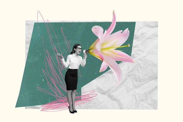 Retro Abstraktní Kreativní Umělecké Šablony Koláž Dáma Křičí Lilie Květiny — Stock fotografie