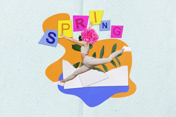 跳着的女孩鲜花的复合拼贴图片 在创造性的春光背景下独立于头顶 — 图库照片