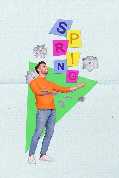 縦コラージュ画像ポストカードの正男の腕キャッチスロー飛んで新鮮な春の花の絵の背景に孤立 — ストック写真