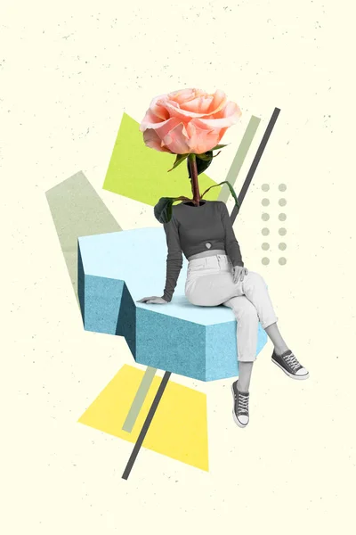 縦コラージュ画像のミニ黒白ガンマ女の子座っている氷のバラの花代わりに頭孤立した上に描かれた背景 — ストック写真