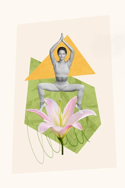 Creativo Retrò Rivista Collage Immagine Donna Sognante Godendo Yoga Piedi — Foto Stock
