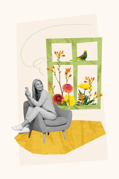 Kreative Foto Grafik Collage Malerei Von Verträumten Dame Genießen Hause — Stockfoto