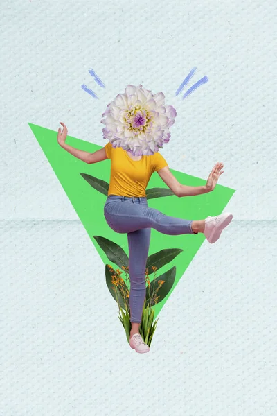 垂直コラージュイメージのダンスの女の子の大きな春の花代わりに頭緑の葉は創造的な背景に隔離 — ストック写真