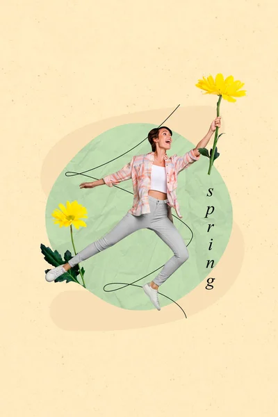 Baner Plakat Kreatywny Kolaż Funky Piękna Pani Latające Powietrze Żółtej — Zdjęcie stockowe