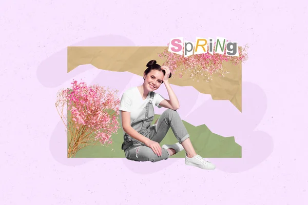 Imagen Creativa Ilustraciones Collage Bella Dama Belleza Sentado Disfrutar Primavera — Foto de Stock