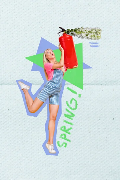 Vertikale Collage Bild Von Beeindruckten Mädchenhänden Halten Feuerlöscher Frische Frühlingsblumen — Stockfoto