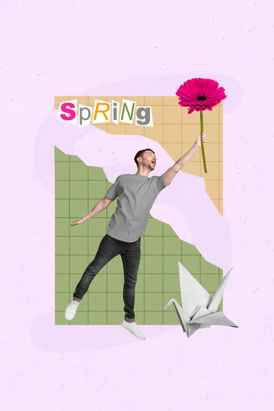 Artwork Drawing Collage Template Funny Young Guy Flying Air Pink — Stock Photo, Image